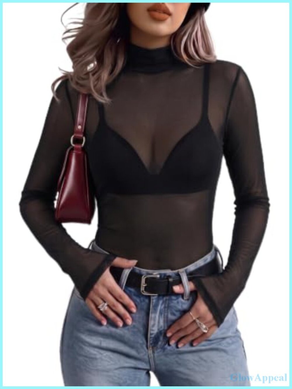 Women's Sheer Mesh Long Sleeve Mock Neck Top Slim Fit Blouse